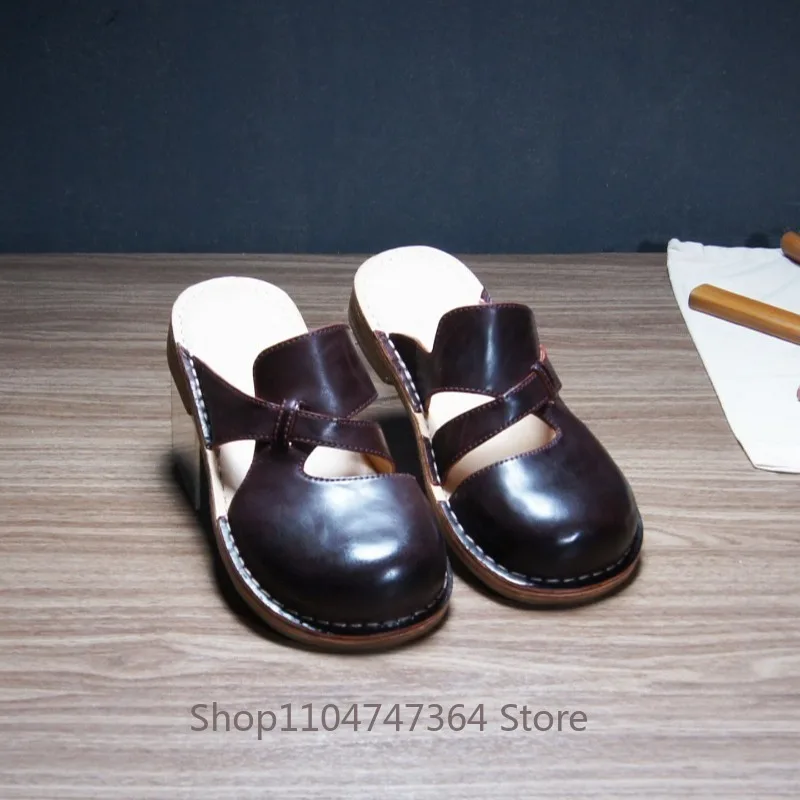 Handmade Retro Horsehide Youth Casual Comfort Slippers Men's Sandals Summer Genuine Leather Fashion Low Top Beach Shoes