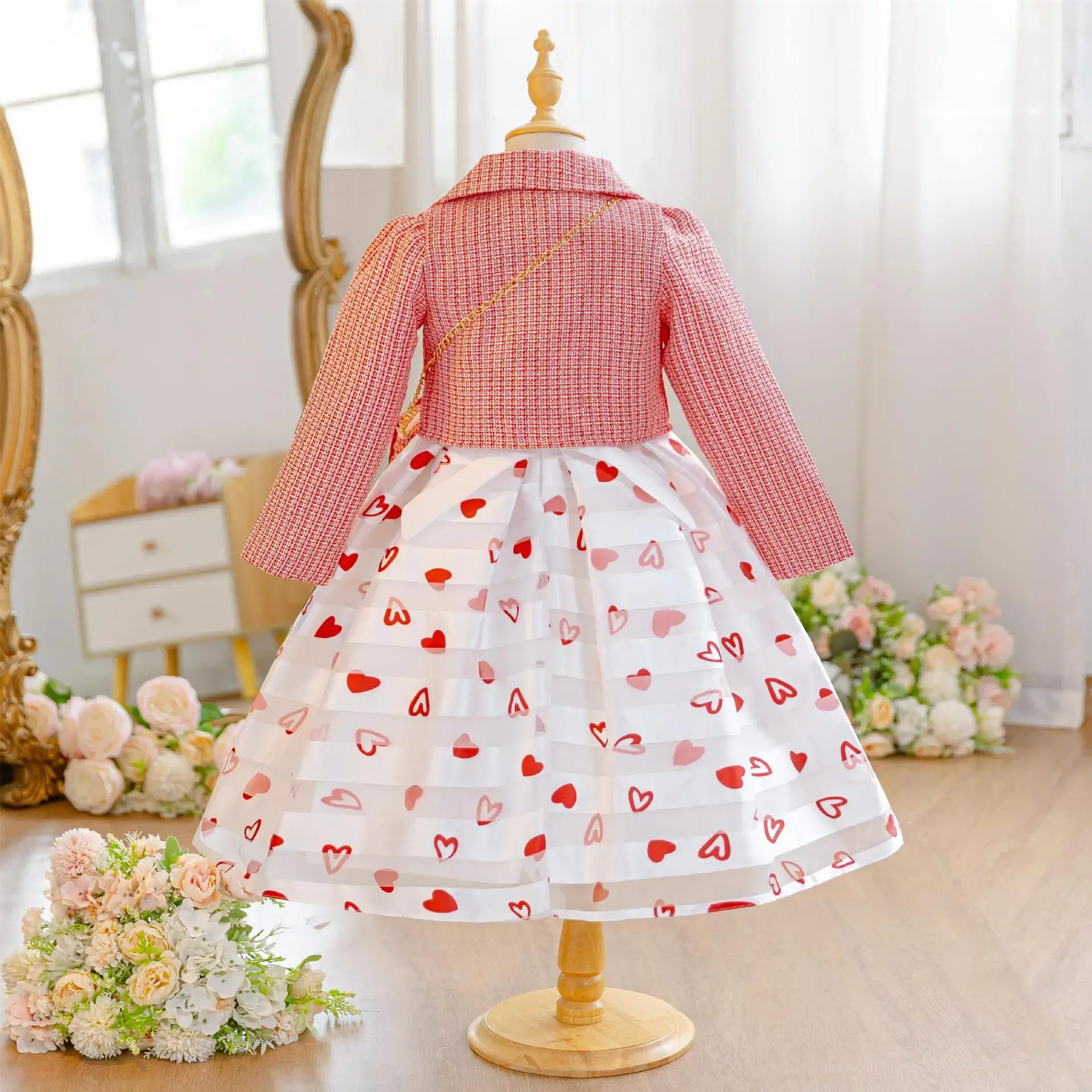 Kids' Dresses with Bag Heart Printed Long Sleeve Birthday Gown For Child Girls Party Frocks 4-10 Years