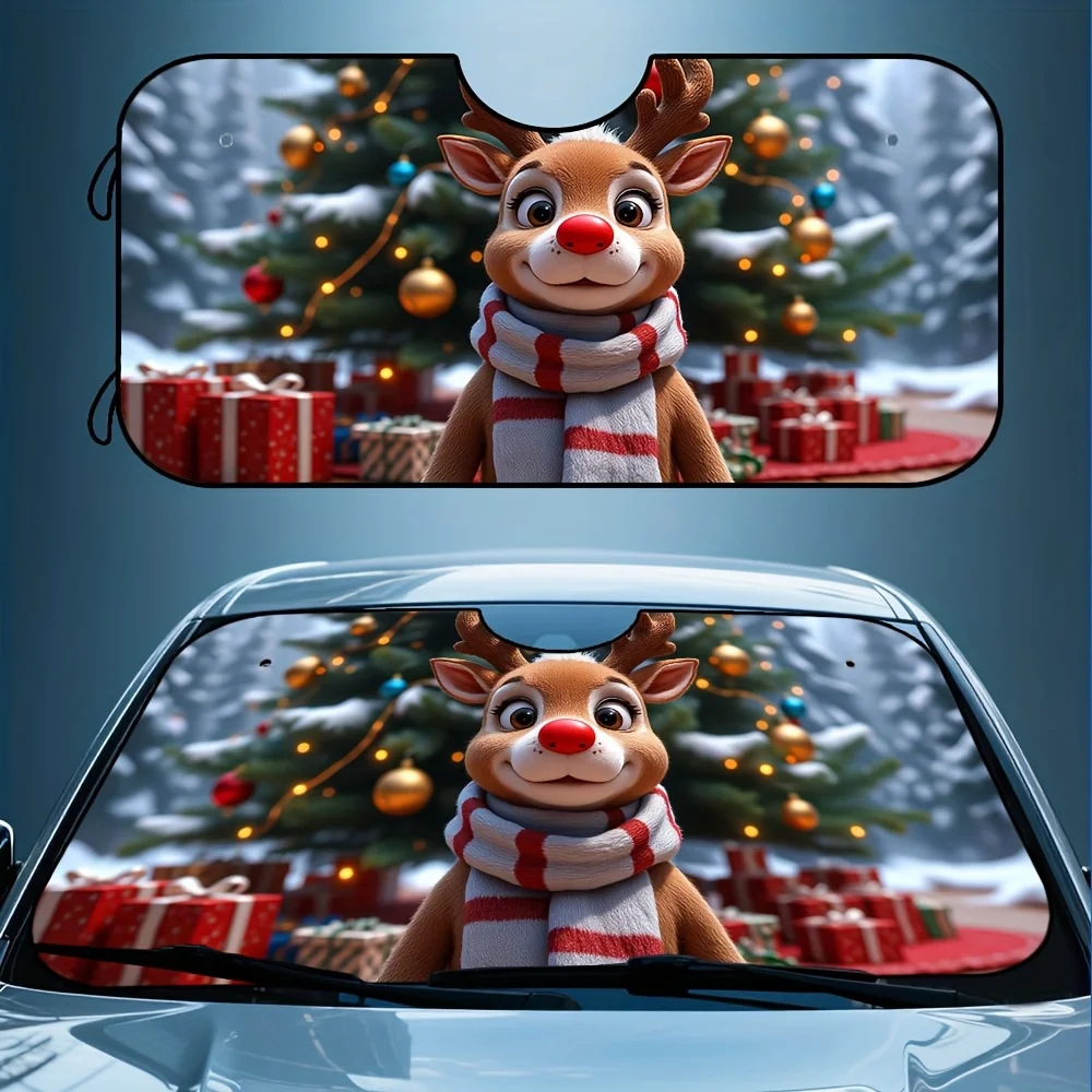 1pc, Christmas Front Window Car Sunshade With Christmas Reindeer Cute Cartoon Art Pattern, Foldable Visor Shield For SUV And Sed