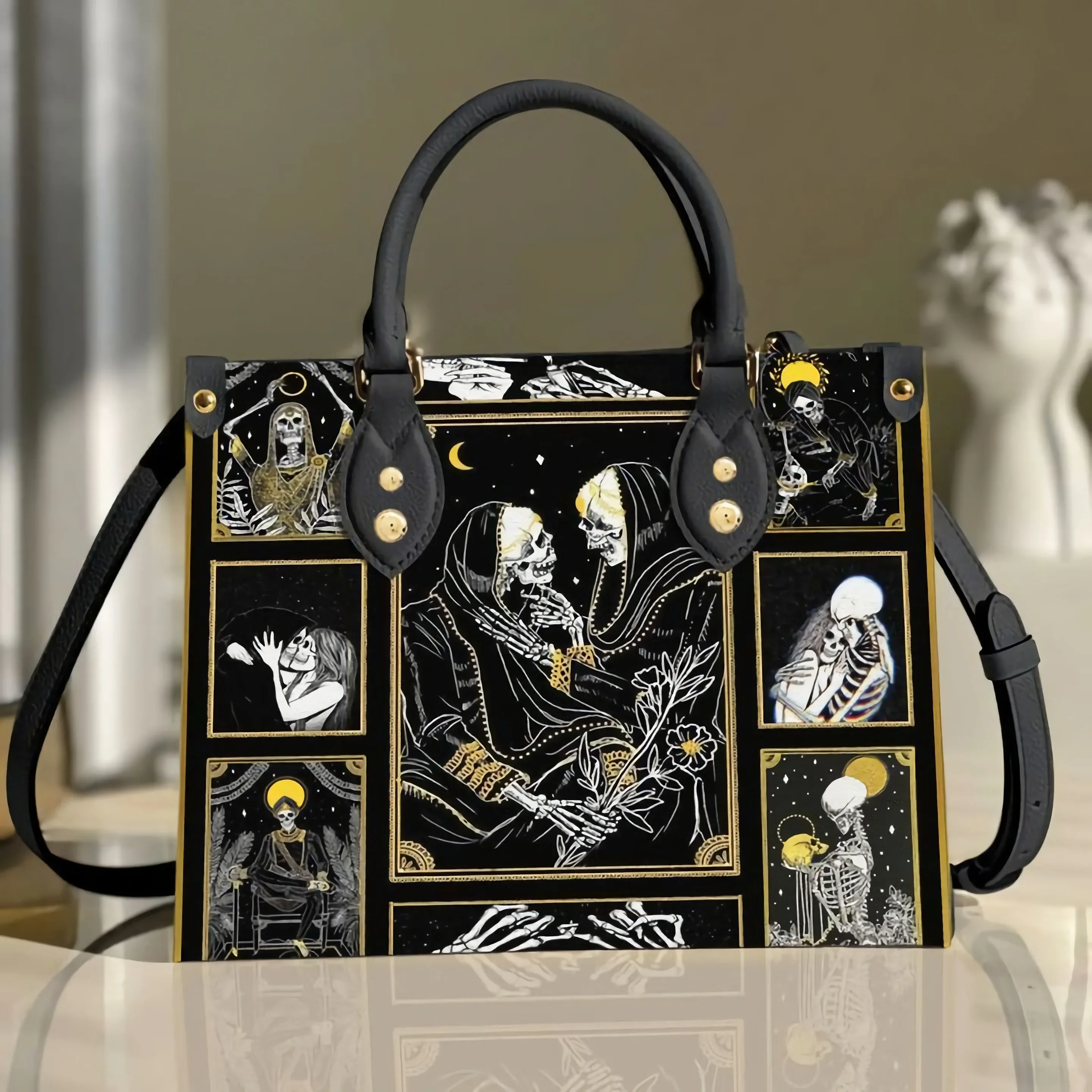 The Lovers Skull Tarot Leather Bag Handbag For Women Large Shoulder Handbags With Long Strape High Quality Female Tote Bag