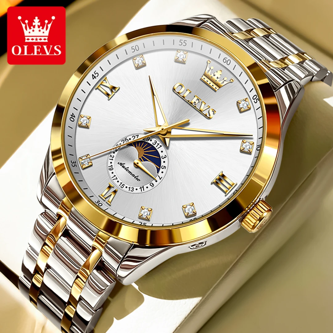 

OLEVS 7041 Mechanical Fashion Watch Gift Round-dial Stainless Steel Watchband Wristwatch Moon Phase Luminous