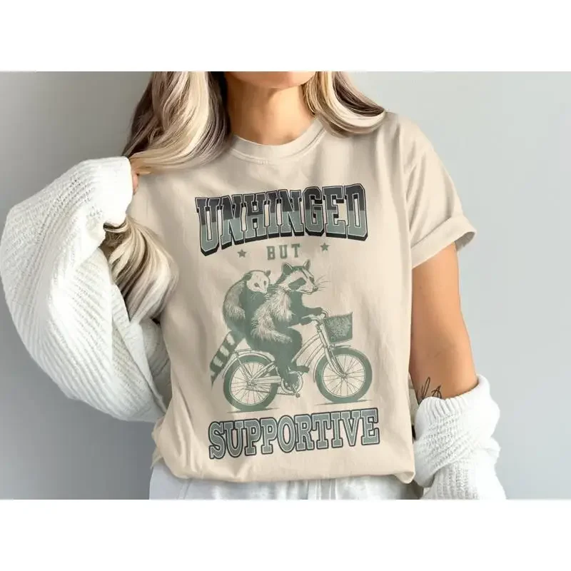 Unhinged But Supportive Retro T Shirt Funny Opossums Lovers Sarcastic Sayings Vintage 90S Gag Possum