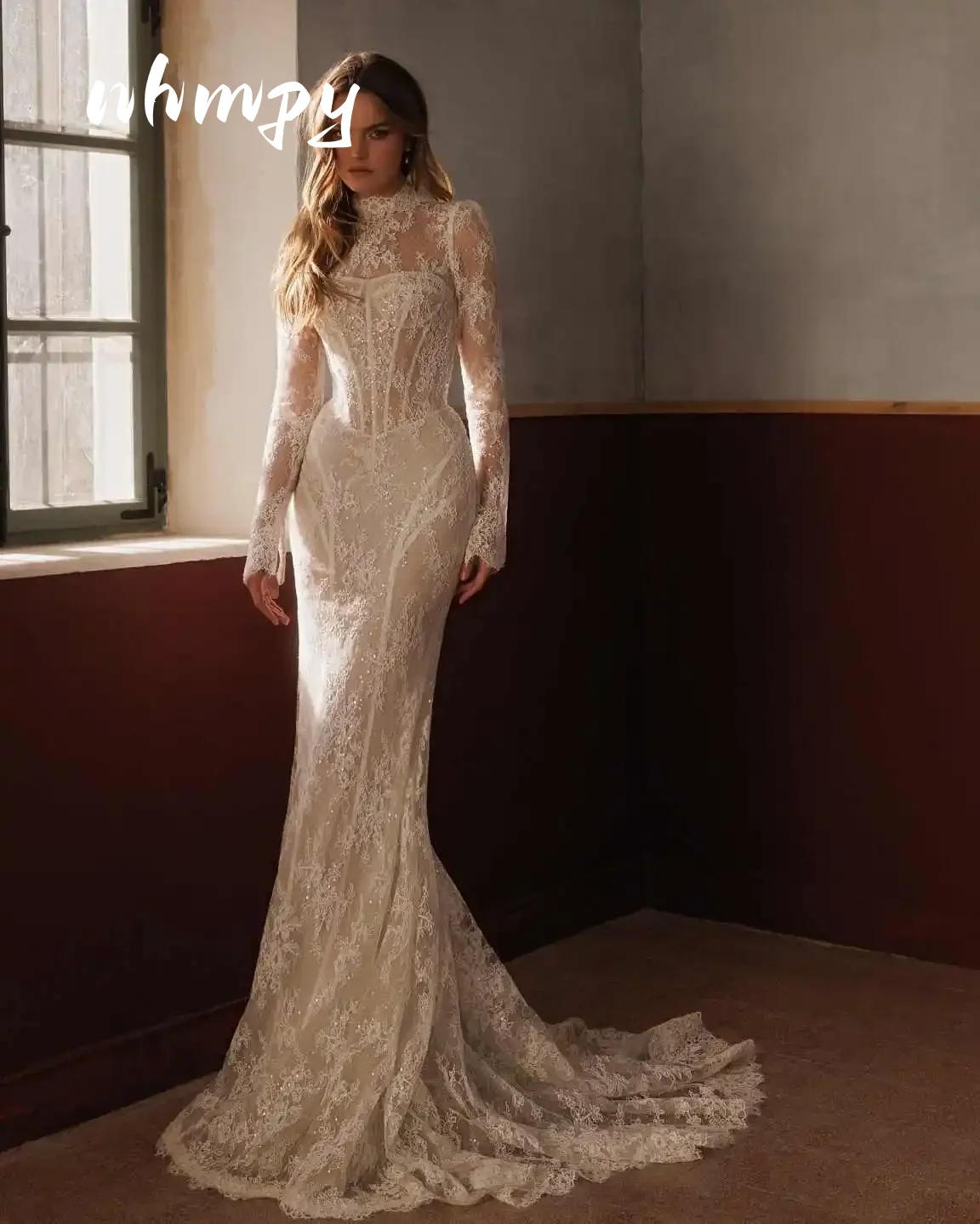 Elegante Brautkleider im Meerjungfrau-Stil mit floralen Applikationen, Stehkragen, langen Ärmeln, Brautkleider in Übergröße, Robe De Mariee