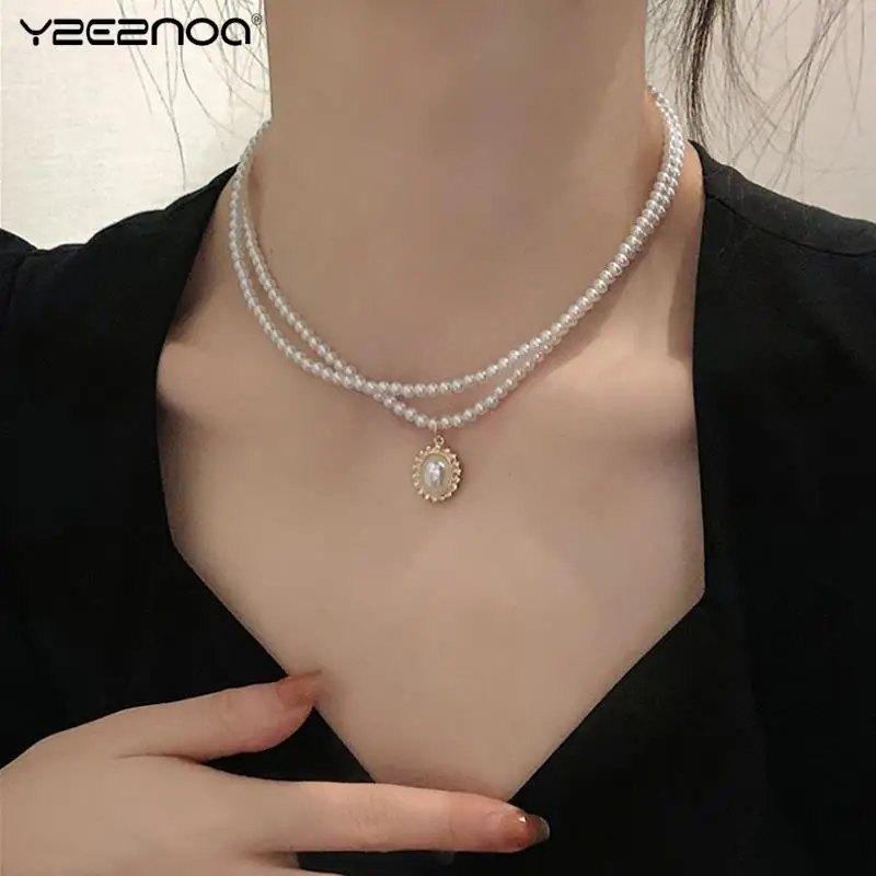 Popular Double Layer Pearl Pendant Necklace Gold Color Necklace Women Korean Style Pearl Pendant Necklace Fashion Jewelry Collar