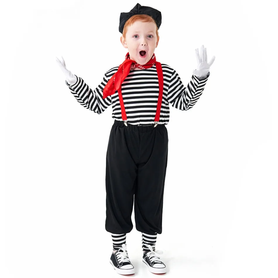 Kids Mime Clown Artist Costume Halloween Purim Carnival Clown Cosplay Fancy Dress for Boys Girls Funny Stage Show Fantasia PS66