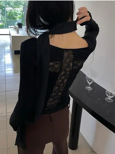 Imagen 2 del producto Yedinas-Camiseta calada cruzada en la espalda para mujer, ropa de manga larga, moda coreana, Tops de otoño, camisetas ajustadas, ropa femenina Y2k