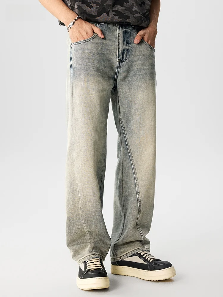 

Мужские прямые джинсы цвета желтого грязи, летние, тонкие, высококачественные, модные, брендовые, свободные, широкие, длинные брюки из хлопкового стрейч-денима