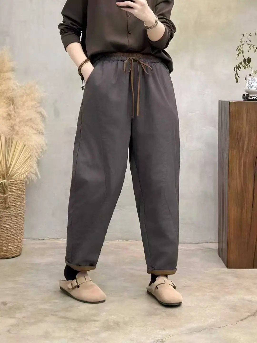 

Утепленные хлопковые брюки женские с высокой талией, длинные, на шнурке, с шелковым наполнителем, зимние, теплые, повседневные, цветные