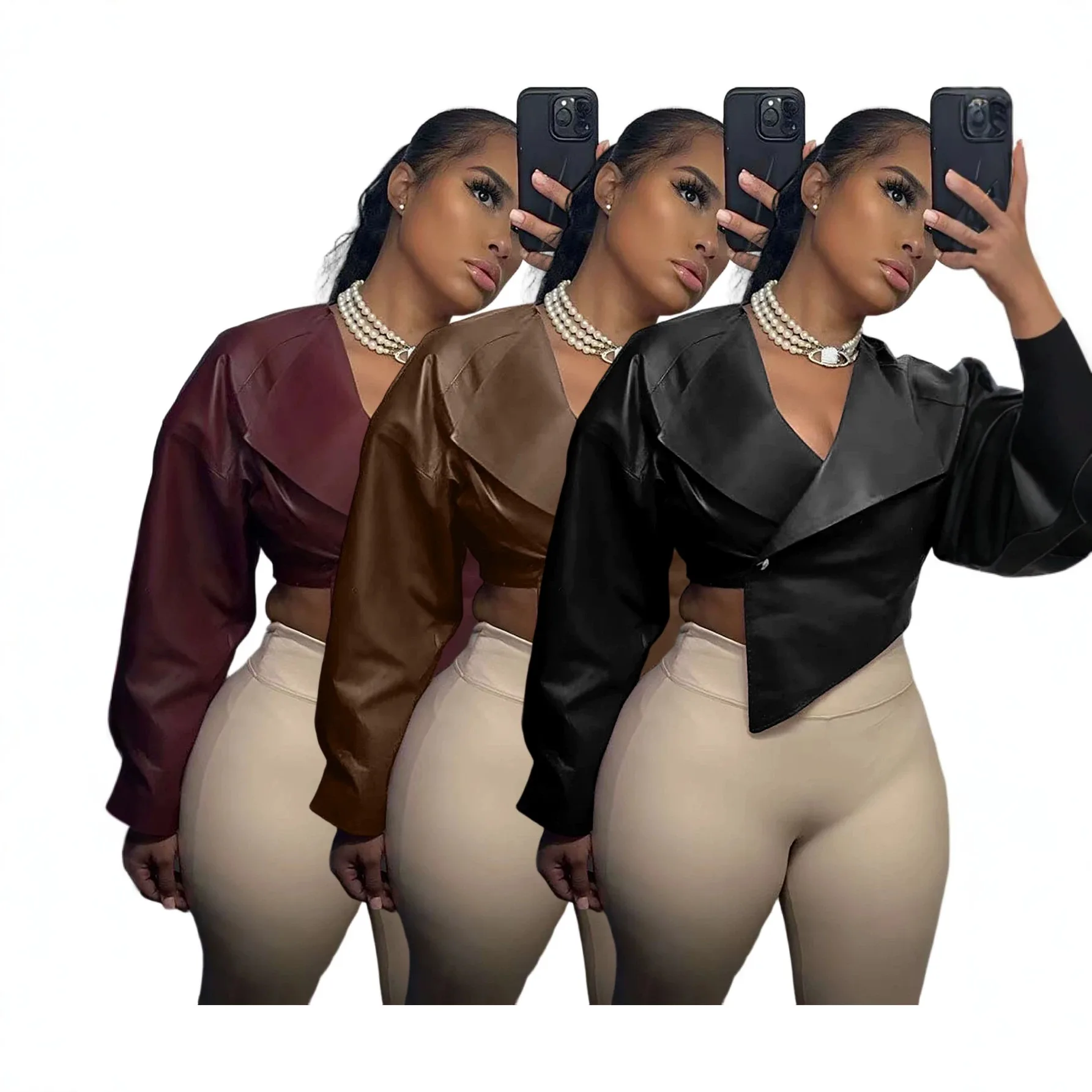 PU Leather Long Sleeve Jacket Women Spring Summer Fashion Waist Coat Outerwear Blazer Tops PU Leather Jackets