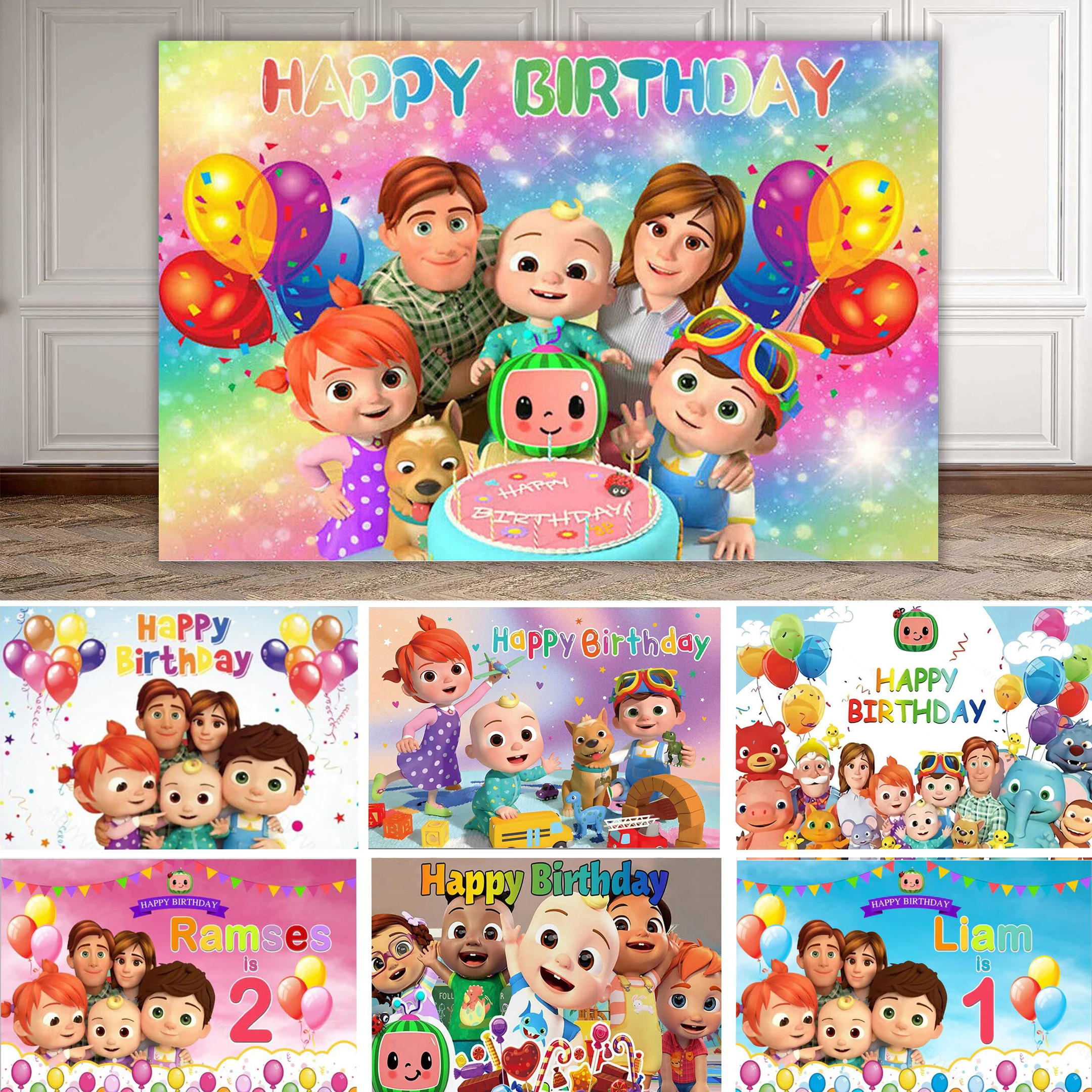 Cartoon Family Colorful Balloon Cake Boy and Girl Customized Children's Birthday Party Decoration Background Photo Studio Props