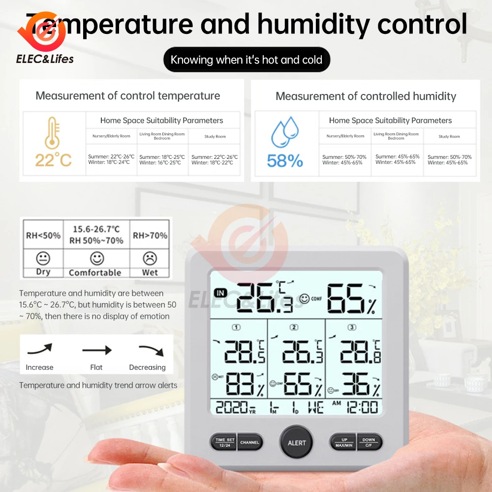 Stacja pogodowa wewnątrz/na zewnątrz bezprzewodowe czujniki cyfrowy termometr higrometr wyświetlacz LED LCD termometr z 3 zdalnymi czujnikami