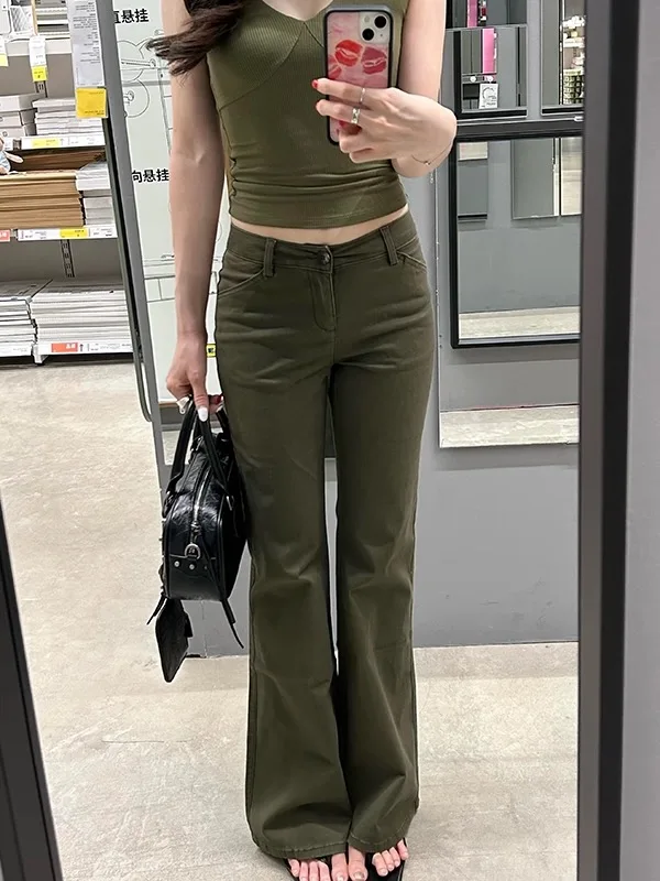 

Y2K военные зеленые джинсы женские потертые микро-клеш с высокой талией эластичные облегающие прямые брюки в стиле ретро