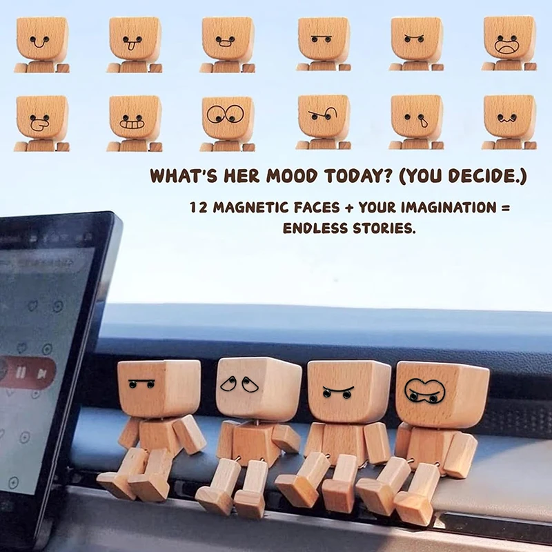 Shaking Wooden Man Figurine, Charming Little Wooden Figure That Sways With 12PCS Magnetic Expressions