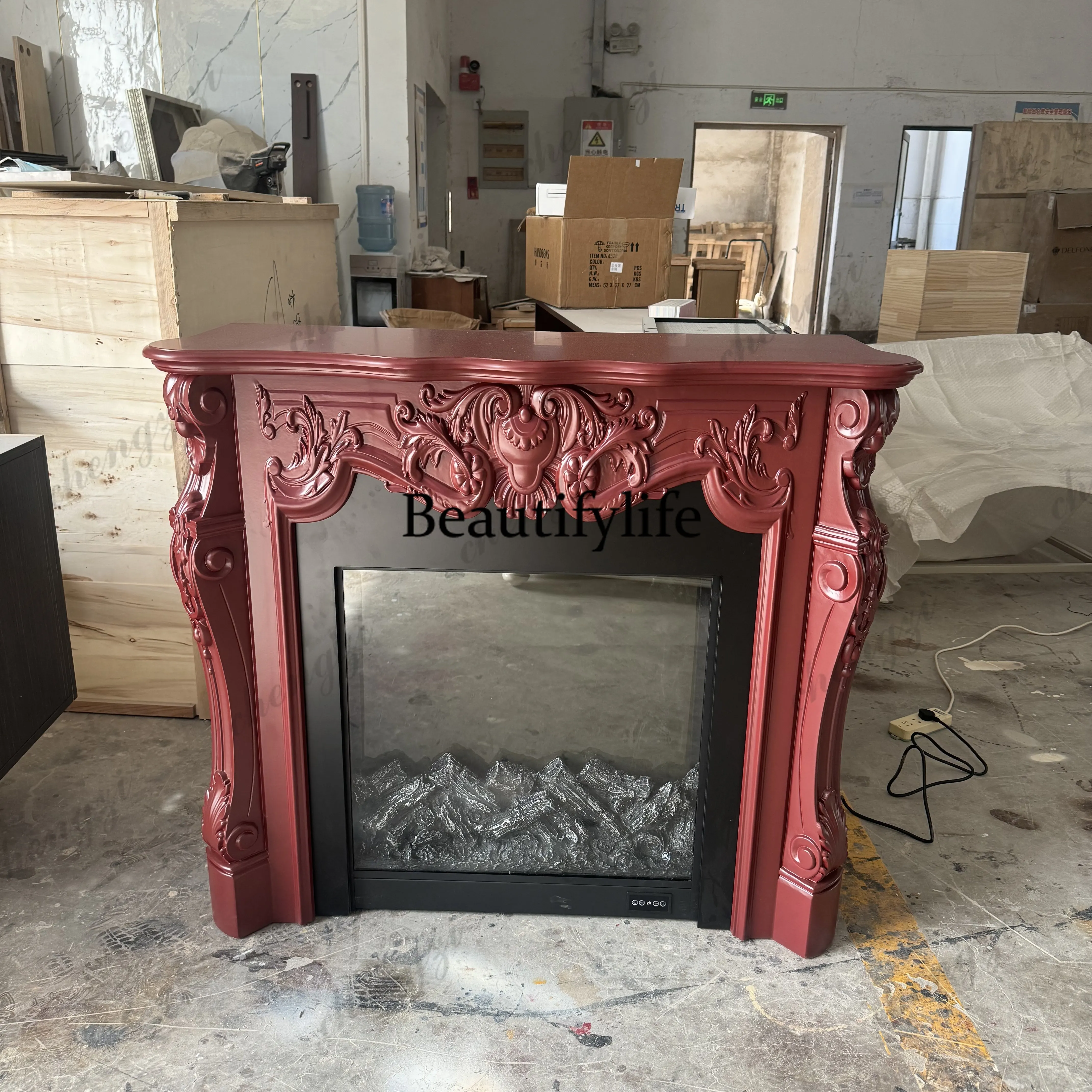 French solid wood retro red fireplace living room decoration American carved porch cabinet furniture