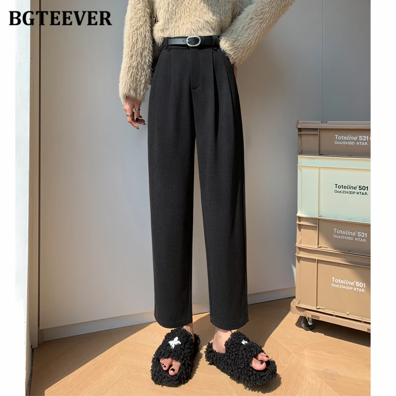 BGTEEVER Casual hoge taille dames rechte wollen broek herfst winter dikker warme losse zakken vrouwelijke harembroek met riem