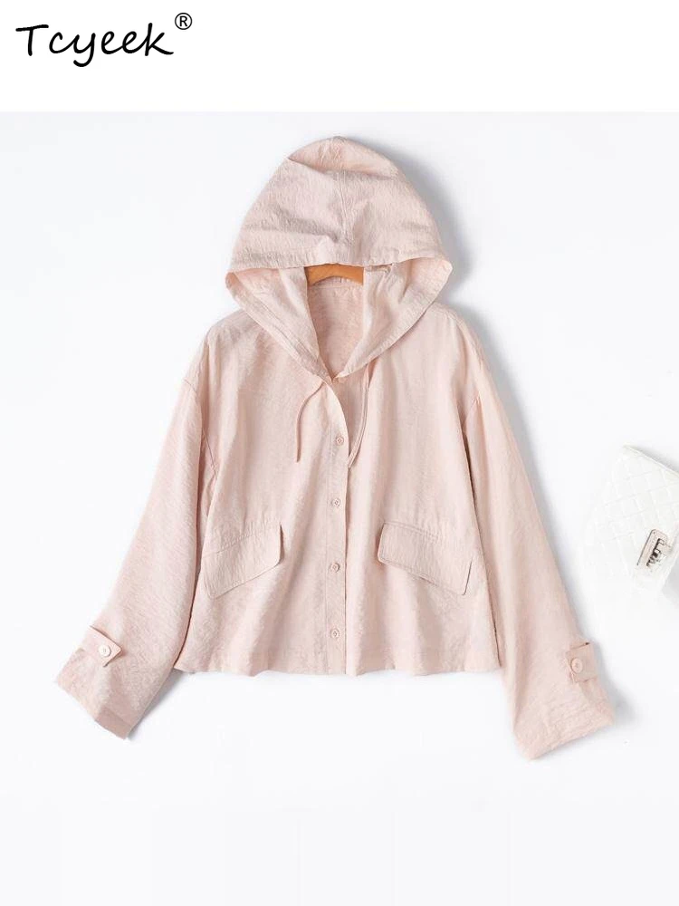 

Рубашка Tcyeek из 76% шелка тутового шелкопряда, летняя одежда, элегантные женские рубашки, топ с длинными рукавами, женская солнцезащитная рубашка с капюшоном, Camisa Feminina