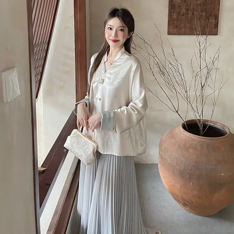 Lady Elegant High Quality Cheongsam Coat Satin Chinese Traditional Jacquard Jacket Vintage Button Customization Hanfu Outwear