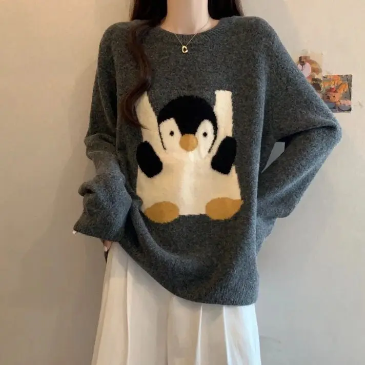 

Loose Women's Knitted Long Sve round Ne Sweater Autumn Winter Casual Sle Base Layer Top Flower Pattern Printed Pullover