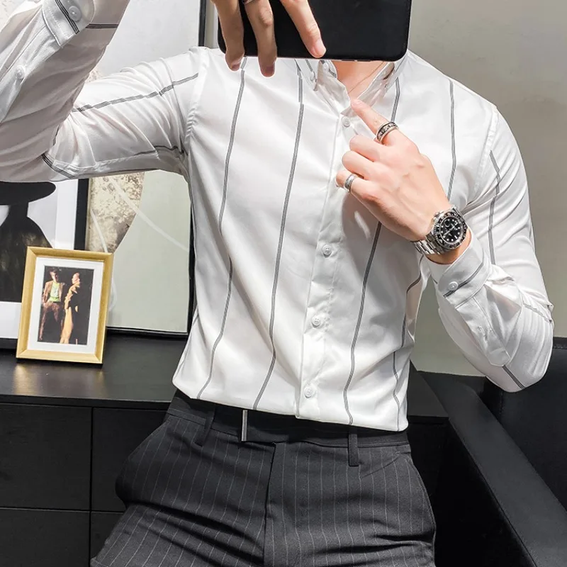 

High Quality Business Dress Shirt Men 2023 Autumn Long Sleeve Striped Slim Casual Shirts Social Office Streetwear Men Clothing