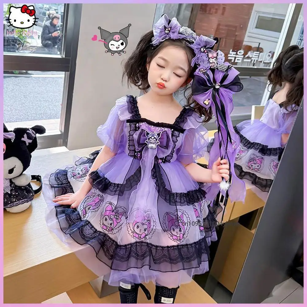 

Kawaii Summer Kuromi Girl's Lolita Dress Cute Cartoon Sanrio Purple Short Sleeve Birthday Party Role Play Tutu Dress Yarn Skirt