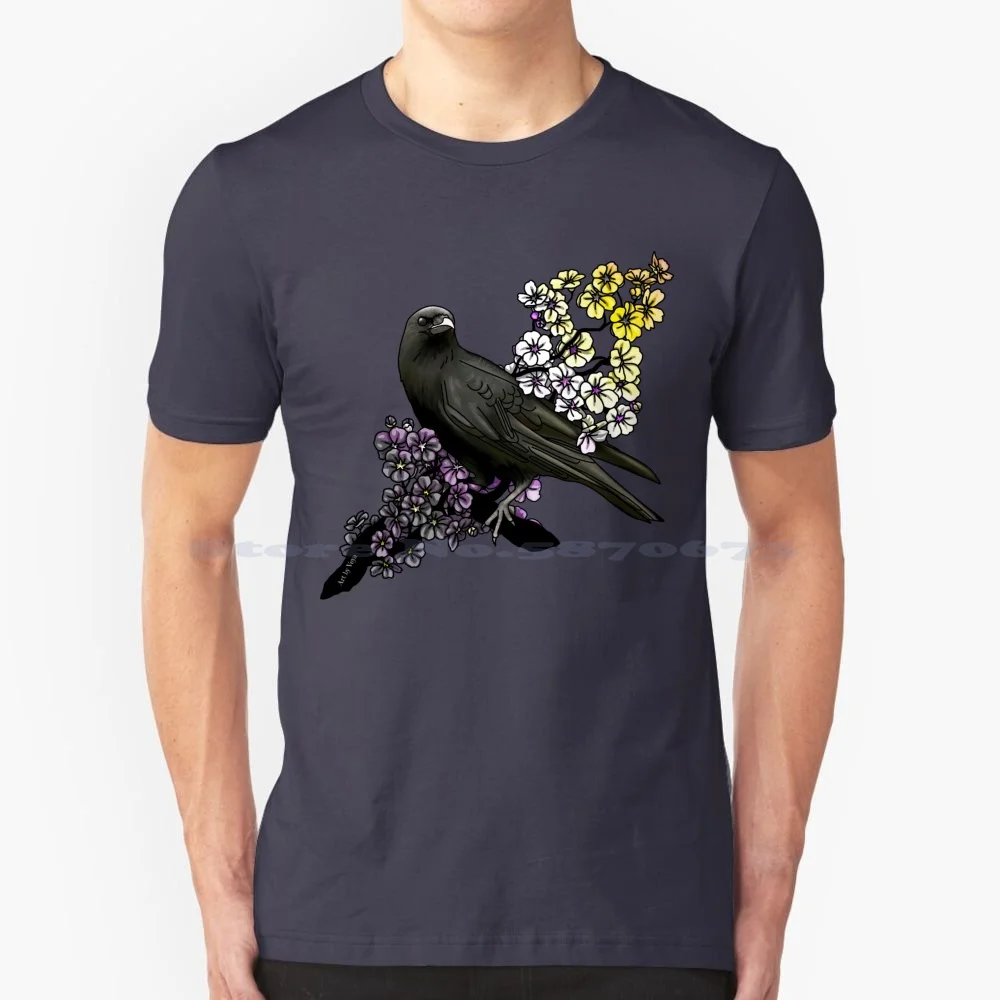 Non-Binary Crow 2023 T Shirt 100% Cotton Tee Crow Raven Winter Black Spring Birdie Wing Feather Sitting Pink Blooming Petals