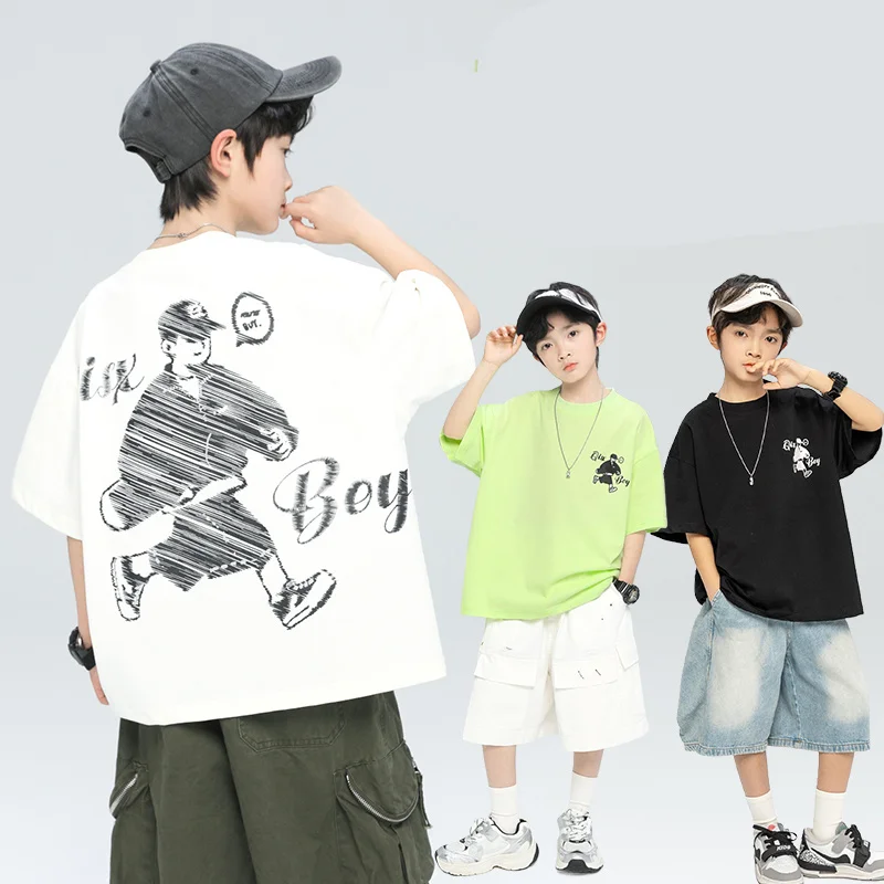 

2025 Boys Short Sleeve T-Shirt Korean Casual Child Tshirt New Summer Cartoon Print O-Neck Clothes Kids Tees Tops 5-14Years Old