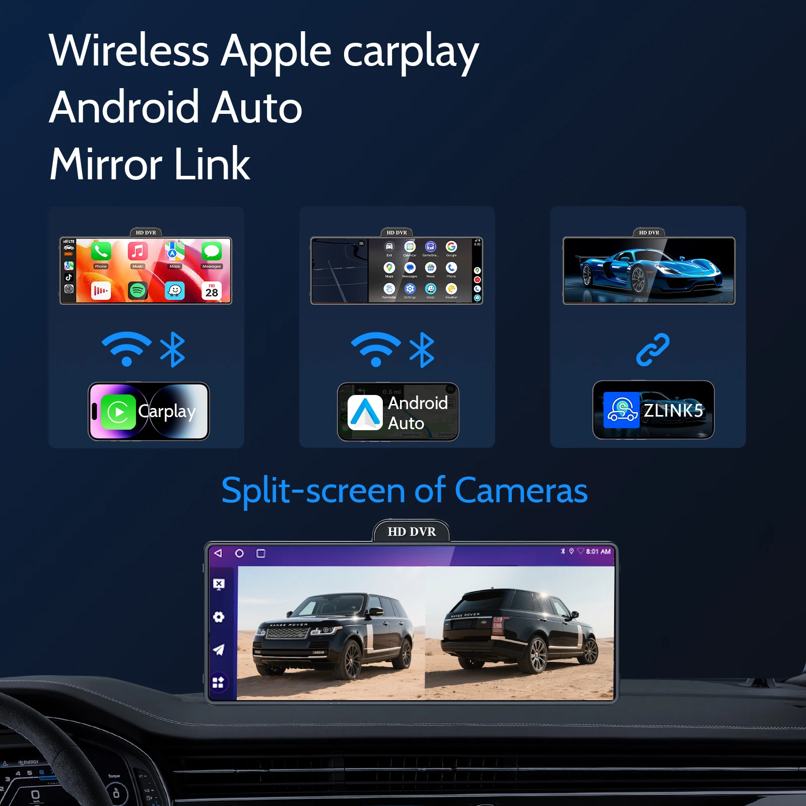 راديو سيارة محمول 9.3 بوصة مع كاميرا داش كام لاسلكية Carplay أندرويد مشغل وسائط متعددة أوتوماتيكي BT AUX TF FM ستيريو سيارة عالمي