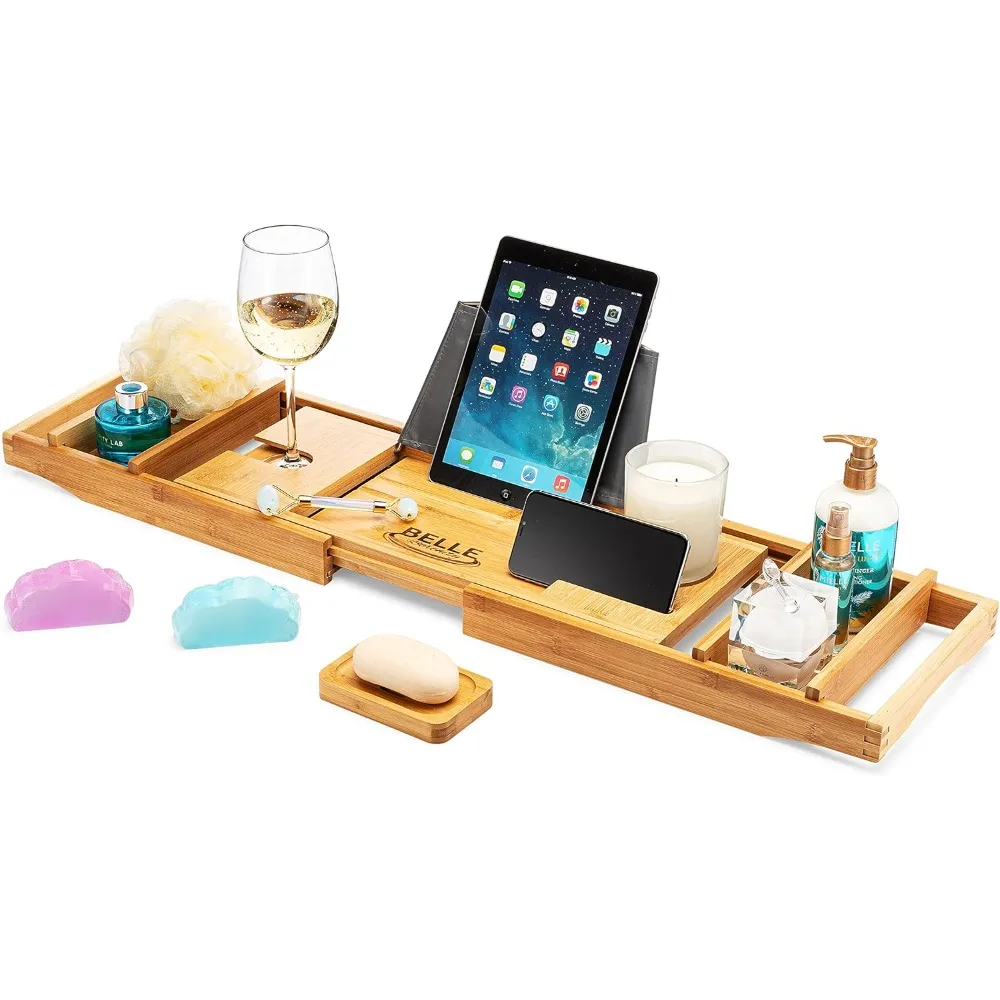 

Luxury Bamboo Bathtub Caddy Tray with Two Free Bath Bombs, Soap Holder, and Non-Slip Silicone Grips - Durable and Solid - Expand