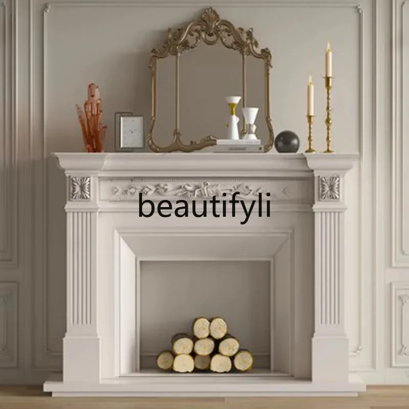 

FG28French solid wood carving flower cream white mantel American porch decorative fireplace cabinet