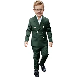 Boys Suit Double Breasted Jacket Dark Green Wedding Tuxedo Kids Blazer Pants 2 Piece Metal Buckle Fashion Clothes