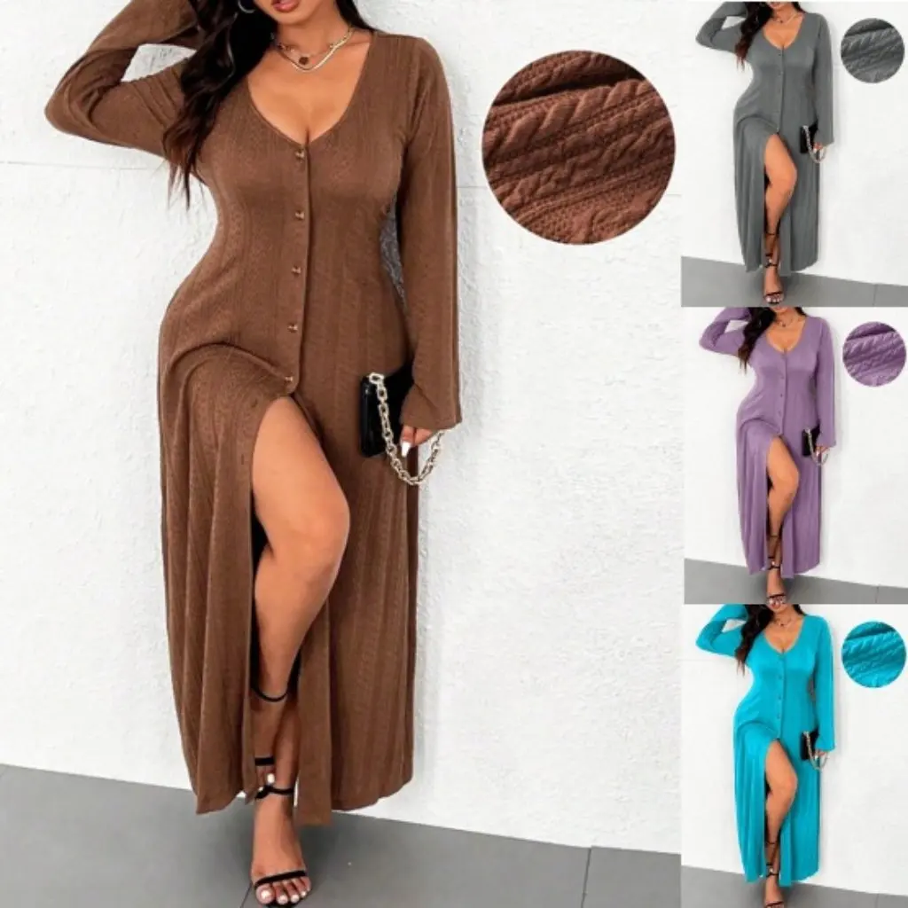 فستان نسائي بسيط كاجوال بتصميم تنورة طويلة بتصميم نحيف بخطوة واحدة أزياء الخريف والشتاء