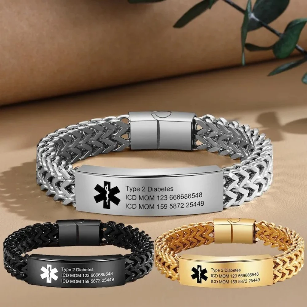 Customized Medical ID Alarm Bracelets Free Carving Diabetes Asthma Stainless Steel Exercise Emergency Help Wrist Strap