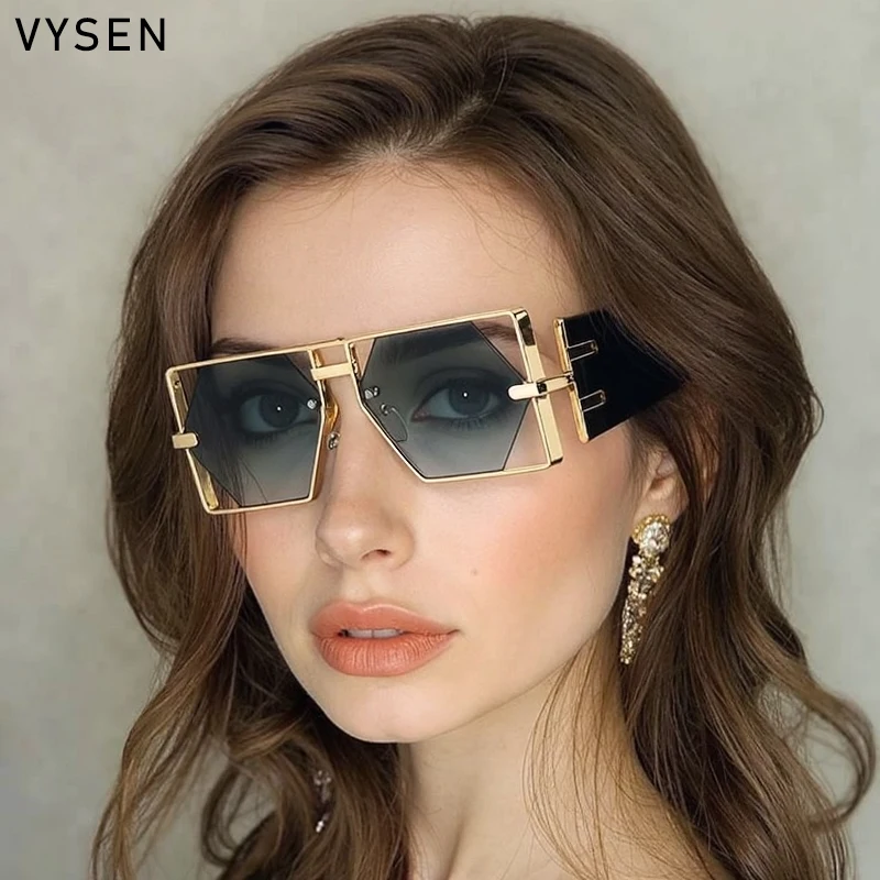 Vintage Steampunk Rectangle Women's Sunglasses 2025 Luxury Brand Metal Hollow Hexagon Lenses Trendy Double Beam Shades UV400