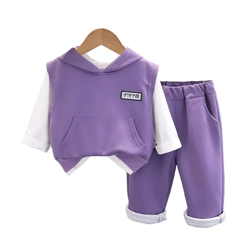 

Childrens Sets 2024 Spring Autumn Baby Boy Clothes 1 To 5Years Solid Color Hooded Vest T-shirts Pants Suit for Kids Boys Outfit