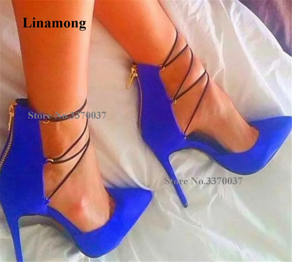 

Women Pointed Toe Blue Suede Leather Strap Cross Pumps Stiletto Heel High Heels Formal Dress Shoes Wedding Heels