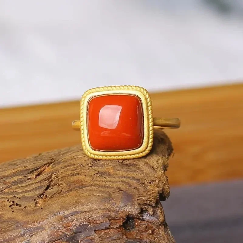 Classic South Red Tourmaline Square Opening Adjustable Ring Chinese Classical Unique Ancient Gold Craft Women's Jewelry image 6
