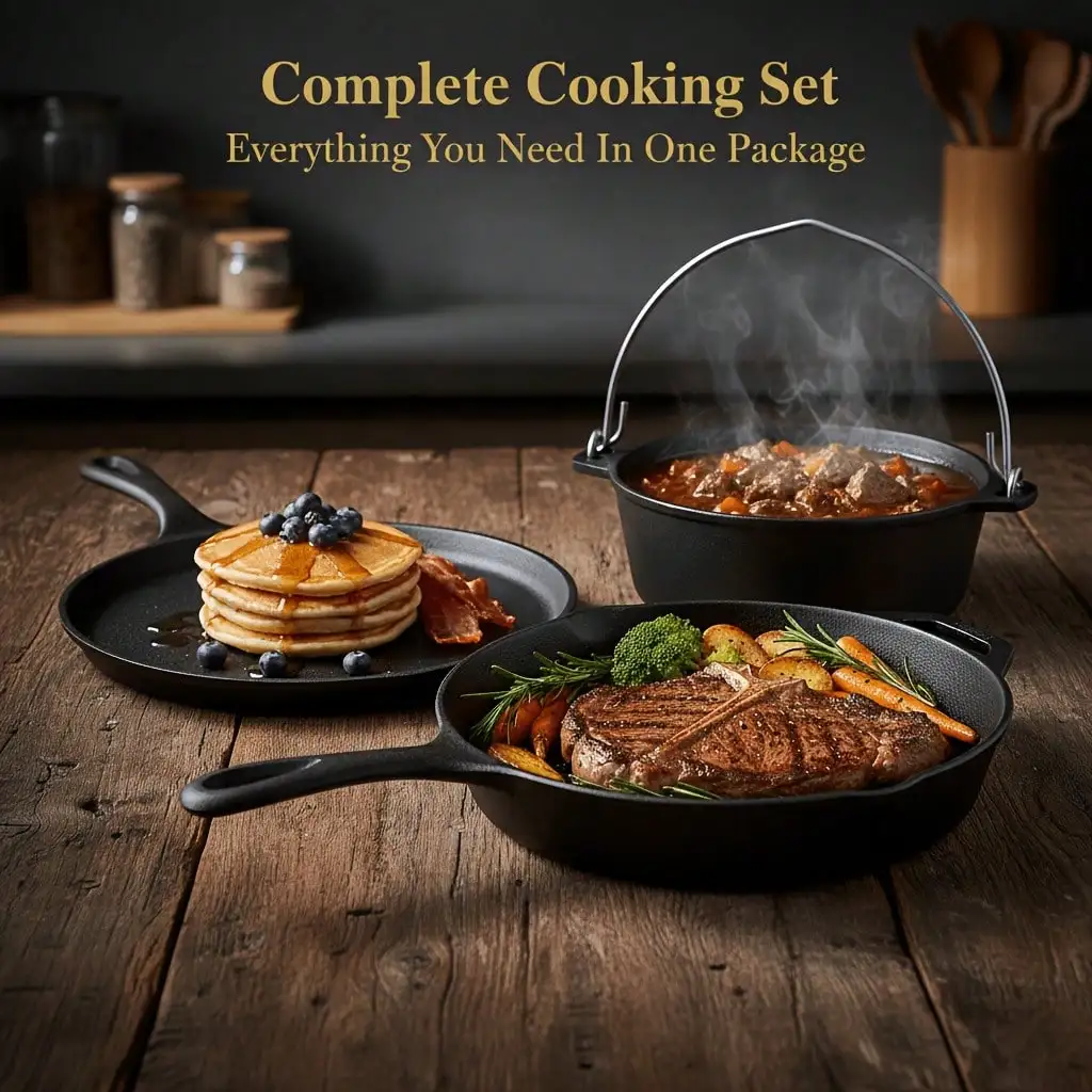 PACILACK Cast Iron Pots And Pans Set, 4‑Piece Pre‑Seasoned Cast Iron Cookware Set With Skillets, Griddle & Dutch Oven, Camping Essentials For BBQ & Outdoor Cooking sh260818103571556071508