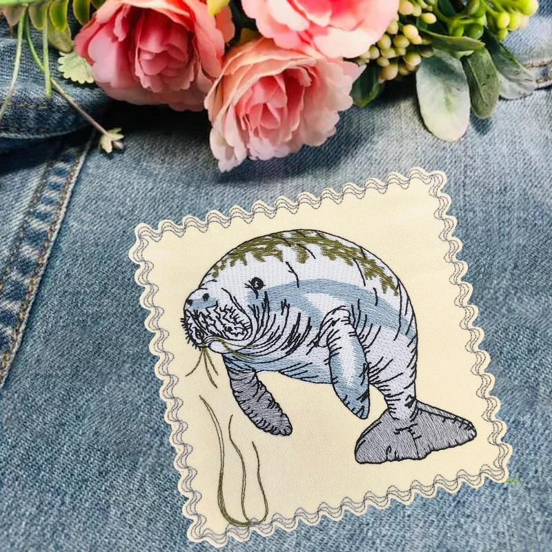 1 szt. Urocza naszywka z haftem w kształcie manatii, trawy morskiej, naszywka z motywem zwierzęcym, naturalna, do samodzielnego wykonania, prezent, naszywki do naprasowania na ubrania, czapki, kurtki, czapki typu trucker