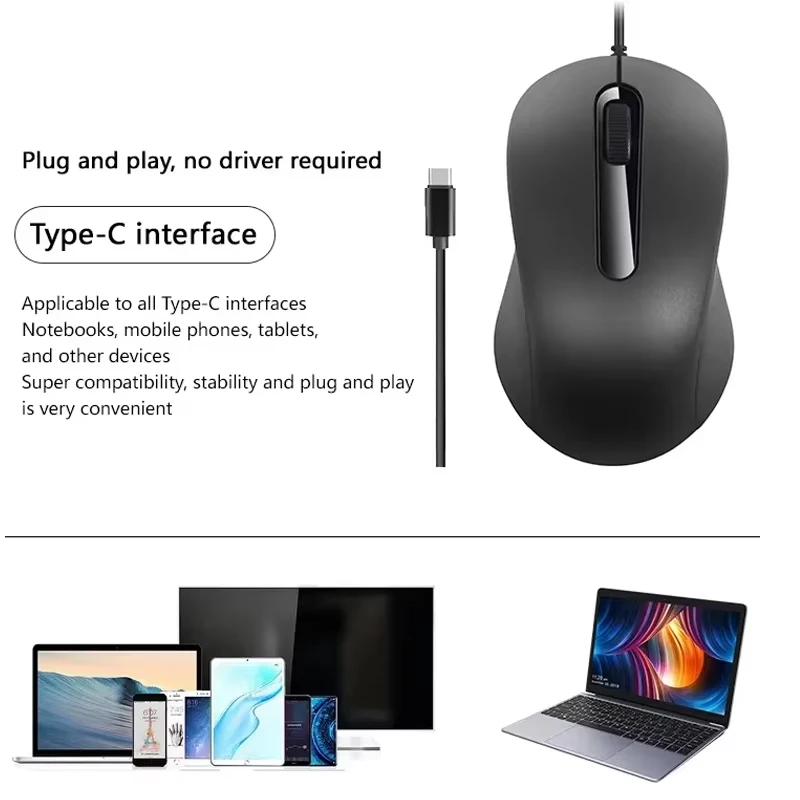 Type-c Wired Mouse Silent Portable Tablet Notebook Office Optical Computer Mouse Ergonomic Design For PC Laptop Desktop