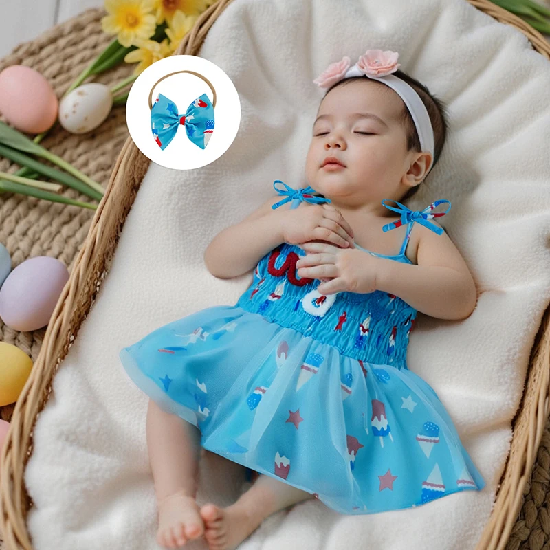 

Infant Girls Patriotic Romper Dress with Sleeveless Design Embroidered Letters and Matching Headband for Independence Day