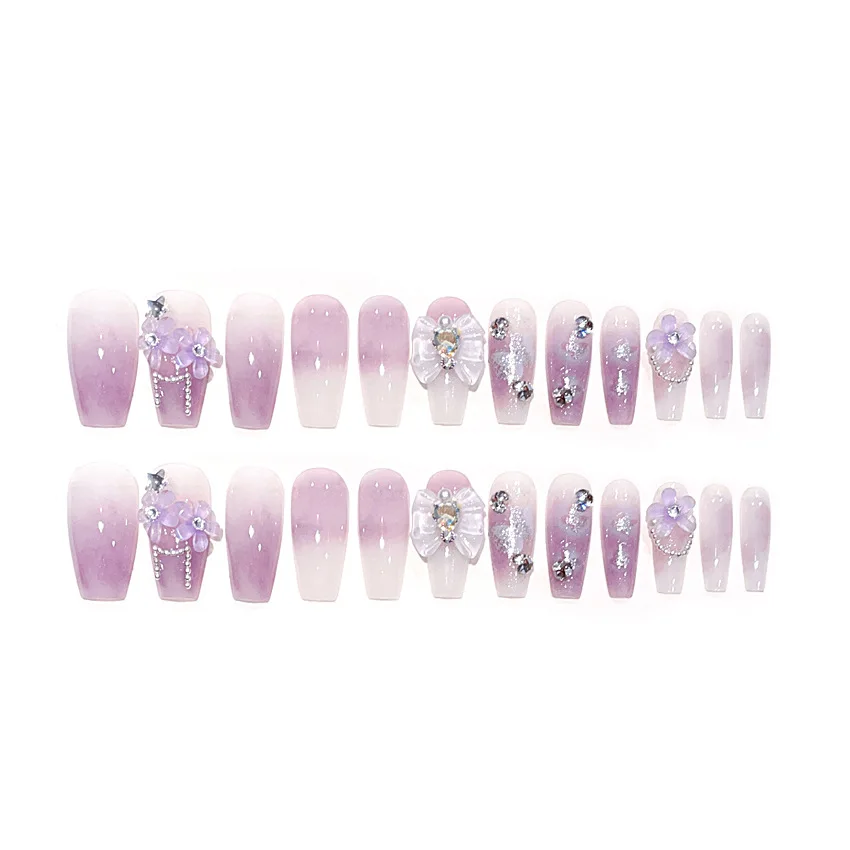 24 Stks/doos Paarse Gradiënt Bloei Nep Nagels Lange Kist Kawaii Glitter Diamant Pers Op Nagel Tips Met Ab Kristallen Boog Paarse Tips