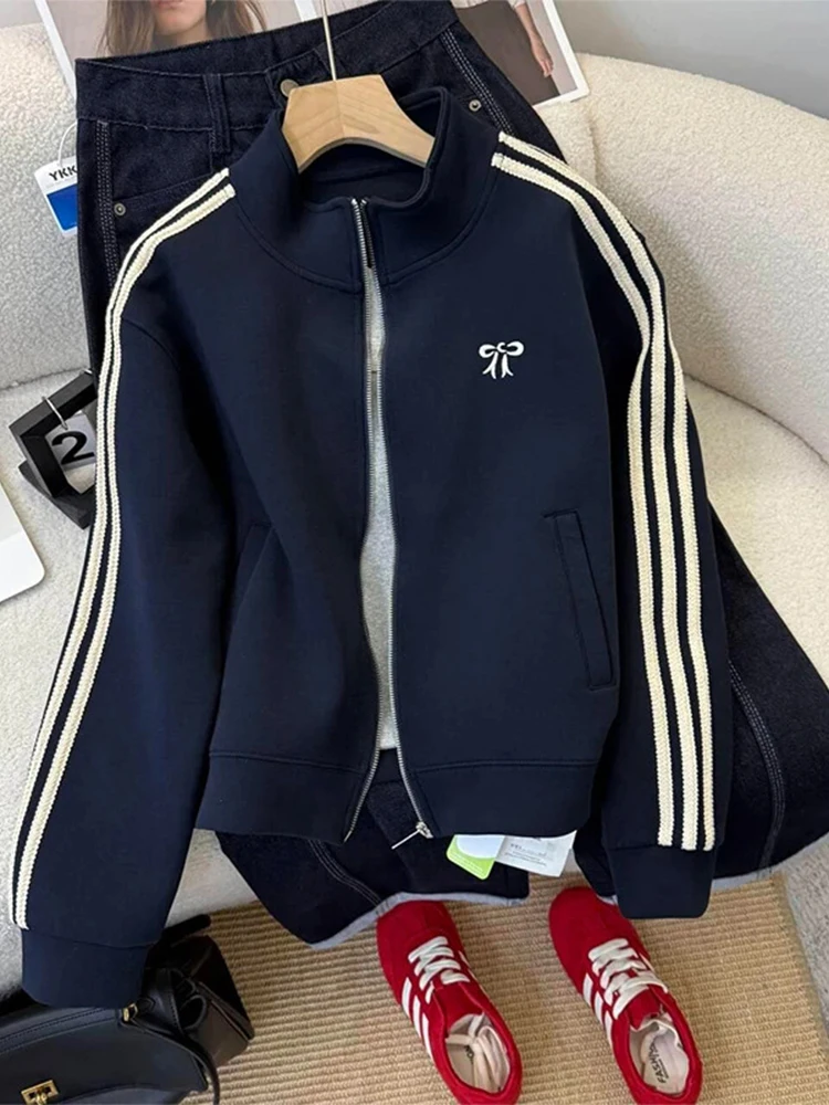 Amerykańska bluza z haftem w węzły, sportowa, długa, ze stójką, odzież wierzchnia damska, premium.