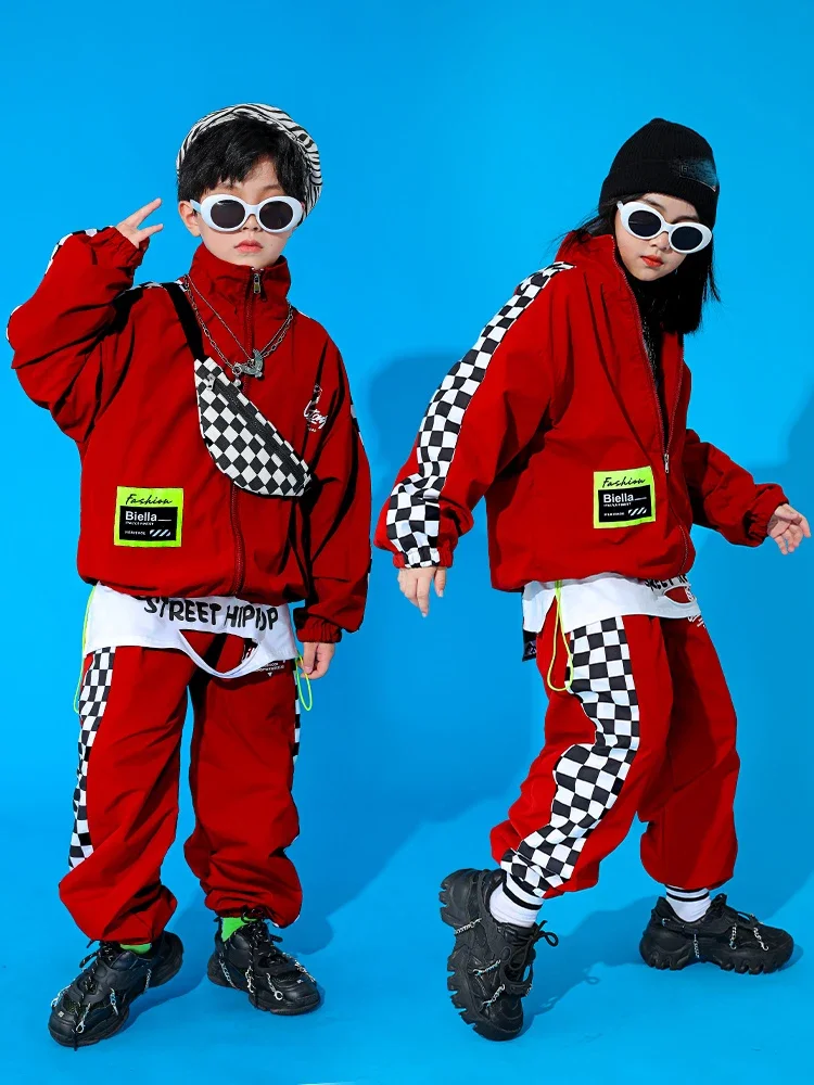 Chaqueta roja para niñas, pantalones sueltos, ropa de calle para niños, ropa de escenario para actuaciones de baile de Hip Hop, trajes de baile moderno de Jazz