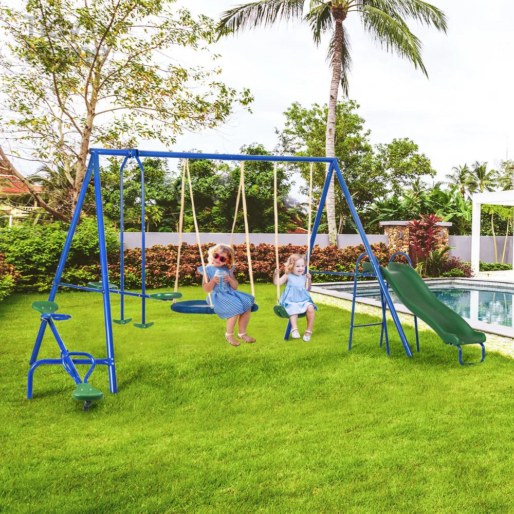 

616 lbs Swing Set for Backyard, 5 in 1 Heavy-Duty Stand, Outdoor Playset for Kids, with Saucer Swing, Slide, Seesaw, and Glider