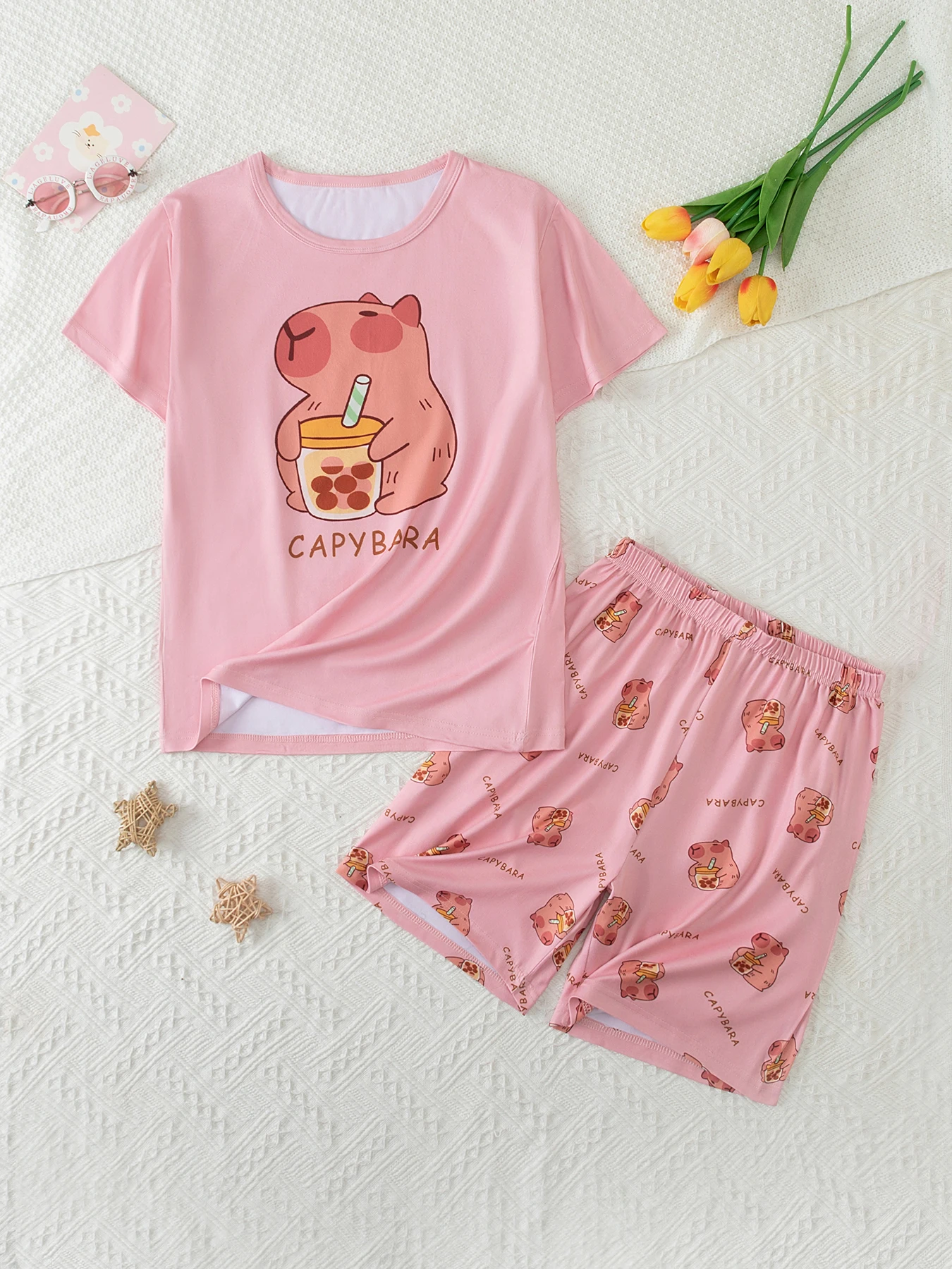 2-teiliges Set aus süßen und niedlichen Kurzarm-Shorts für Teenager-Mädchen, lässiges und vielseitiges Schlafanzug-Set für Mädchen in der Mittelstufe – Detail 5