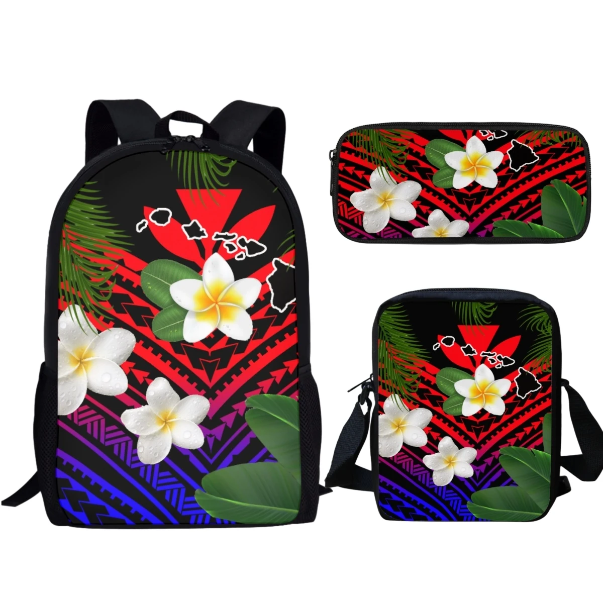 Polynesian Hibiscus Flower Fashion Backpack Teenagers School Bag 3pcs/Set Trend Design Laptop Daypack for School Girls Children