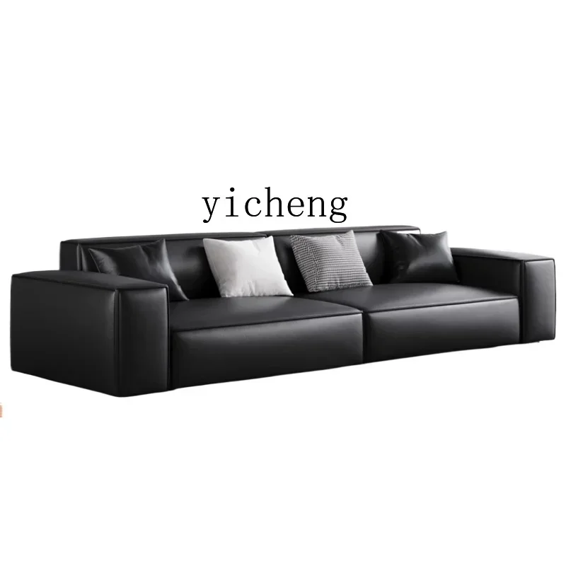 Tofu Block Leather Sofa First Layer Cowhide Simple Modern Internet Celebrity Black SofaA12