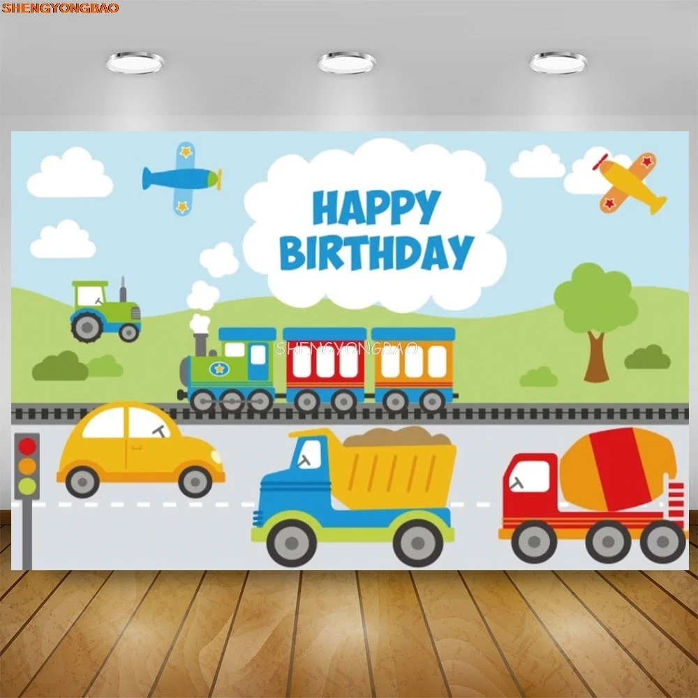 Blue Red Train Chugga For Boy Birthday Party Background Traffic Cars Plane Kids Latex Balloon Photography Backdrops Props TA-17