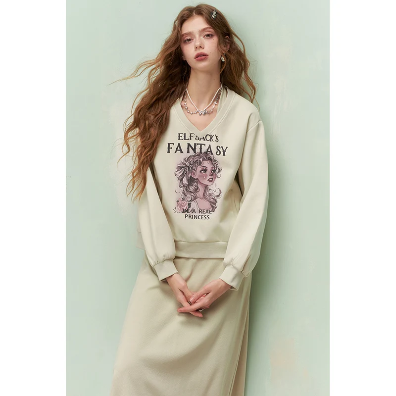 ELFSACK Women's Fantasy Print 2-Piece Set - V-Neck Long Sleeve Top & High Waist A-Line Dress, Casual Outfit for Spring Autumn