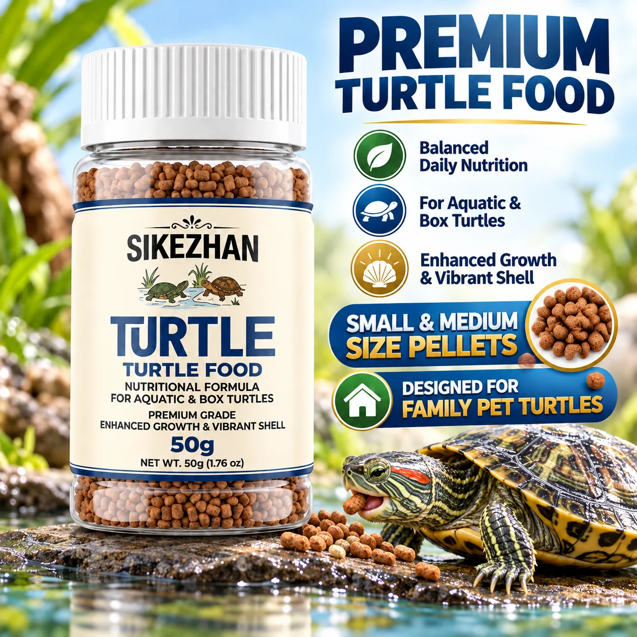 SIKEZHAN Premium Turtle Food 50g | Daily Nutritional Pellets for Enhanced Growth & Vibrant Shell, for Aquatic and Box Turtles